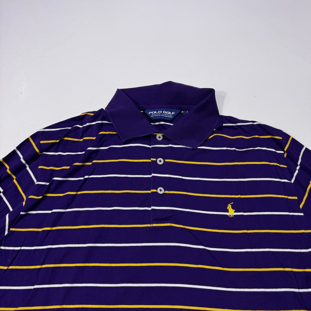 Polo Golf Ralph Lauren Mens Large Purple Gold Striped Pima Cotton Polo Shirt LSU